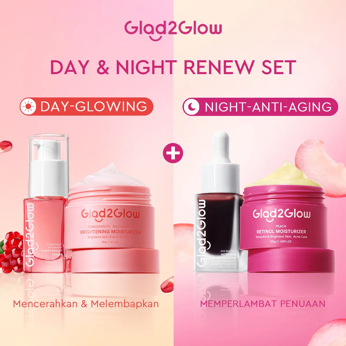 Glad2Glow Day&Night Renew Bundle 4in1 - 4 PCS Barrier Skincare Paket-Brightening Moisturizer+Retinol Moisturizer+Brightening serum + Peeling solution Ceramide Kering Membersihkan Wajah Acid Cooling Kotoran Mencerahkan Vitamin