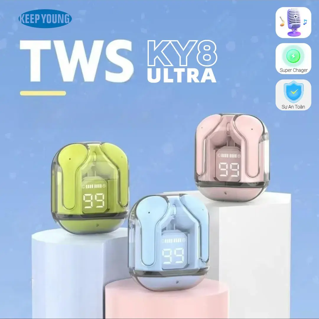 Tai nghe KY8 ULTRA Thân Trong Suốt [Món quà miễn phí] Bao tay chơi game, 6 Màu, Âm thanh nổi không dây thực sự với màn hình kỹ thuật số, Micrô tích hợp
