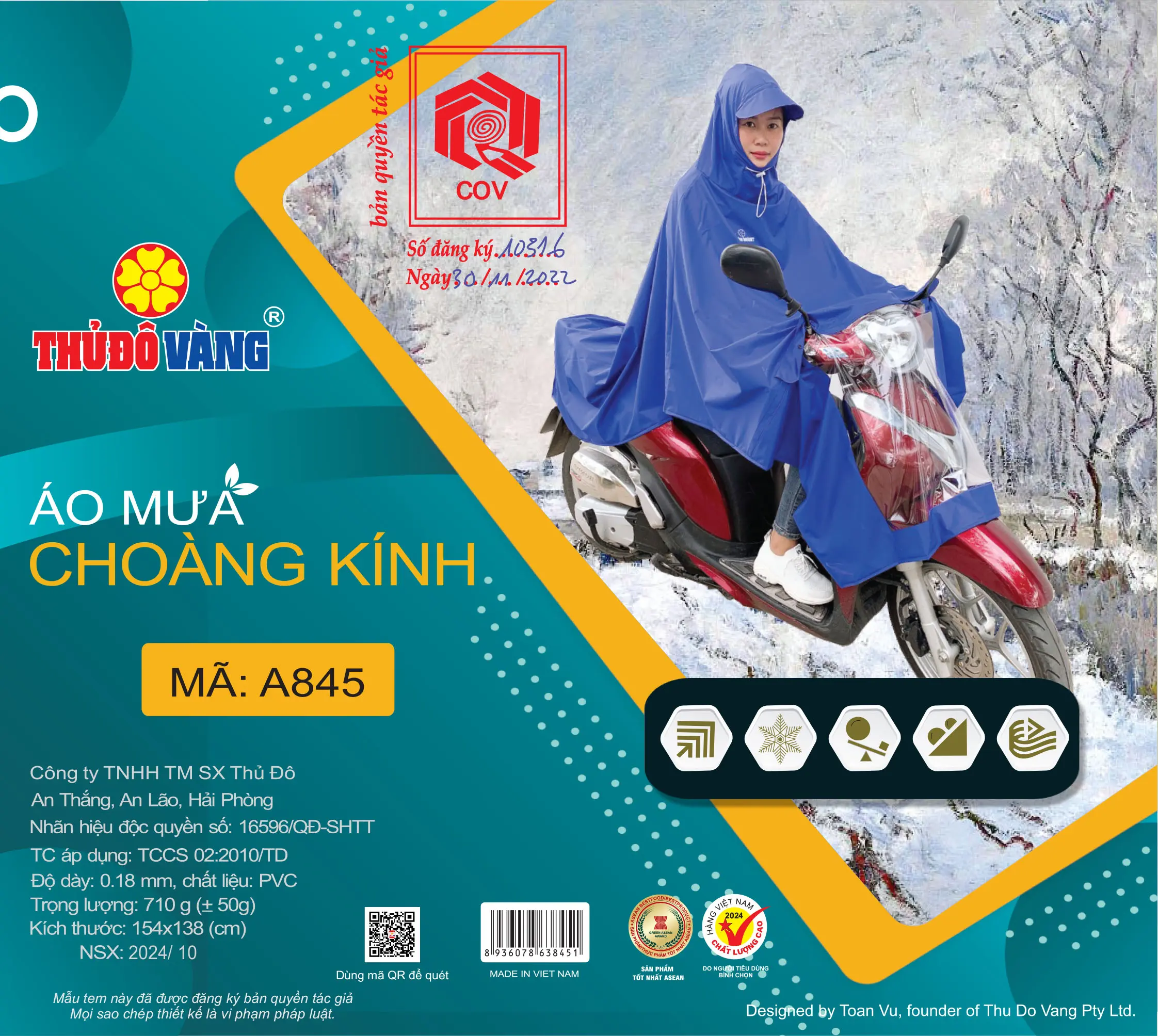 THỦ ĐÔ VÀNG Áo Mưa Choàng Siêu Bền Có Kính và Bao che gương Chất liệu Nhựa PVC chống thấm nước A845
