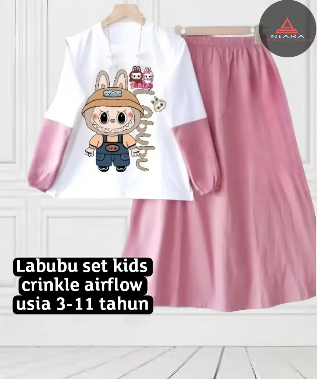 SETELAN BAJU MUSLIM ANAK BAHAN CRINKLE AIRFLOW DAN GAMBAR LABUBU SET KIDS SET ROK ANAK MOTIF LUCU USIA 3-11 TAHUN Tanggung