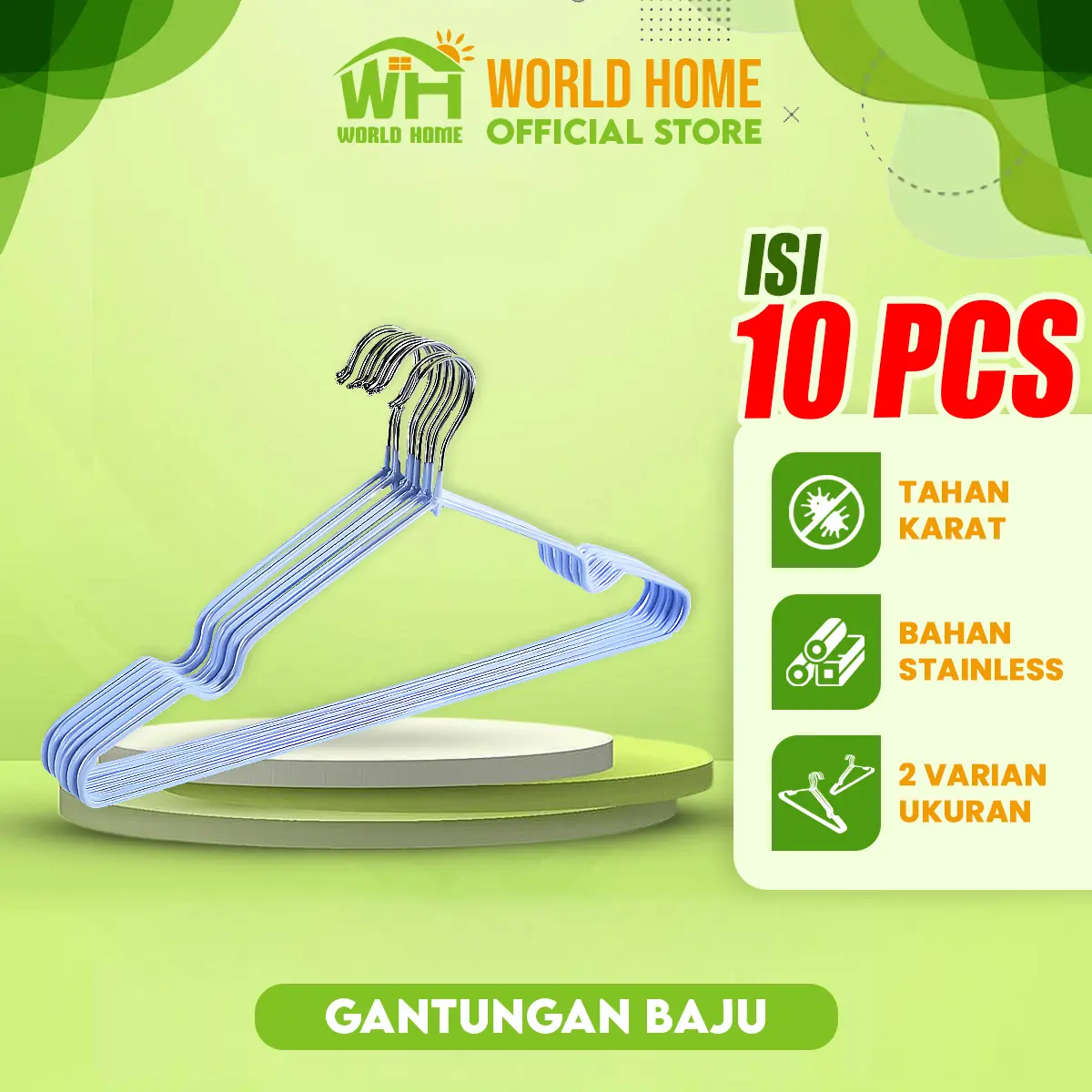WORLDHOME - Hanger Besi Stainless Isi 10PCS Ukuran dewasa Gantungan Pakaian Anti Karat
