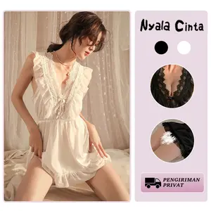 Nyala Cinta Lingerie Dress Wanita Baju Tidur Renda Tipis V-neck Sling Seksi