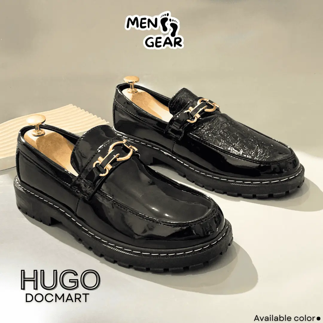 MENFOOTGEAR Hugo Sepatu Pria Original Sepatu Loafers Kerja Formal Cowok Docmart Hitam Fantofel Croco Glossy