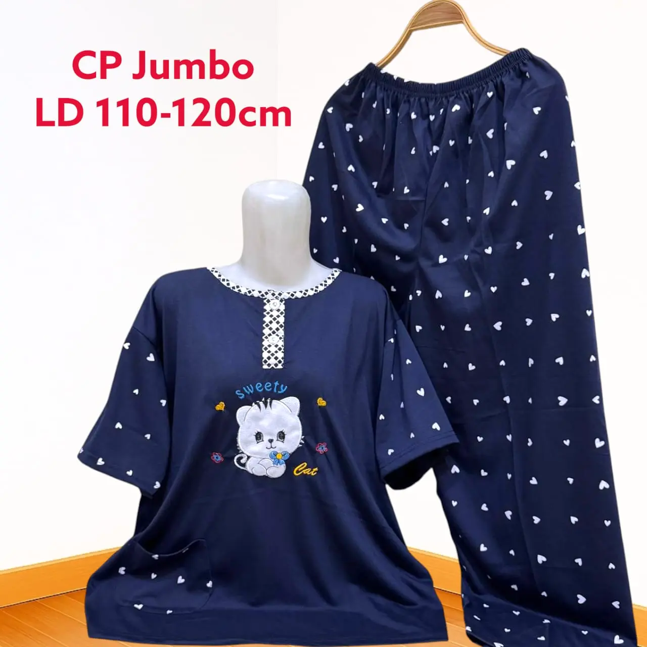 Set Baju Tidur Kaos CP Jumbo Dio Big Size Babydoll Celana Panjang Wanita 3XL LD 110-120cm