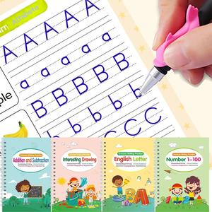 Cuaderno de práctica mágico con surcos, set de 4 unidades; cuadernos reutilizables para practicar la caligrafía con surcos, incluye 1 pluma y 10 recambios, además de un portaminas en color aleatorio; libro de práctica de escritura para niños