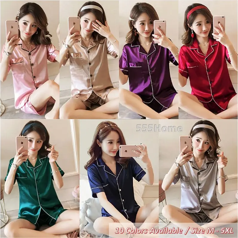 [SG Seller] Sleepwear Satin Pyjamas / Men & Women Adult Pajamas / Ladies Night Wear/ Short Sleeve PJ Set