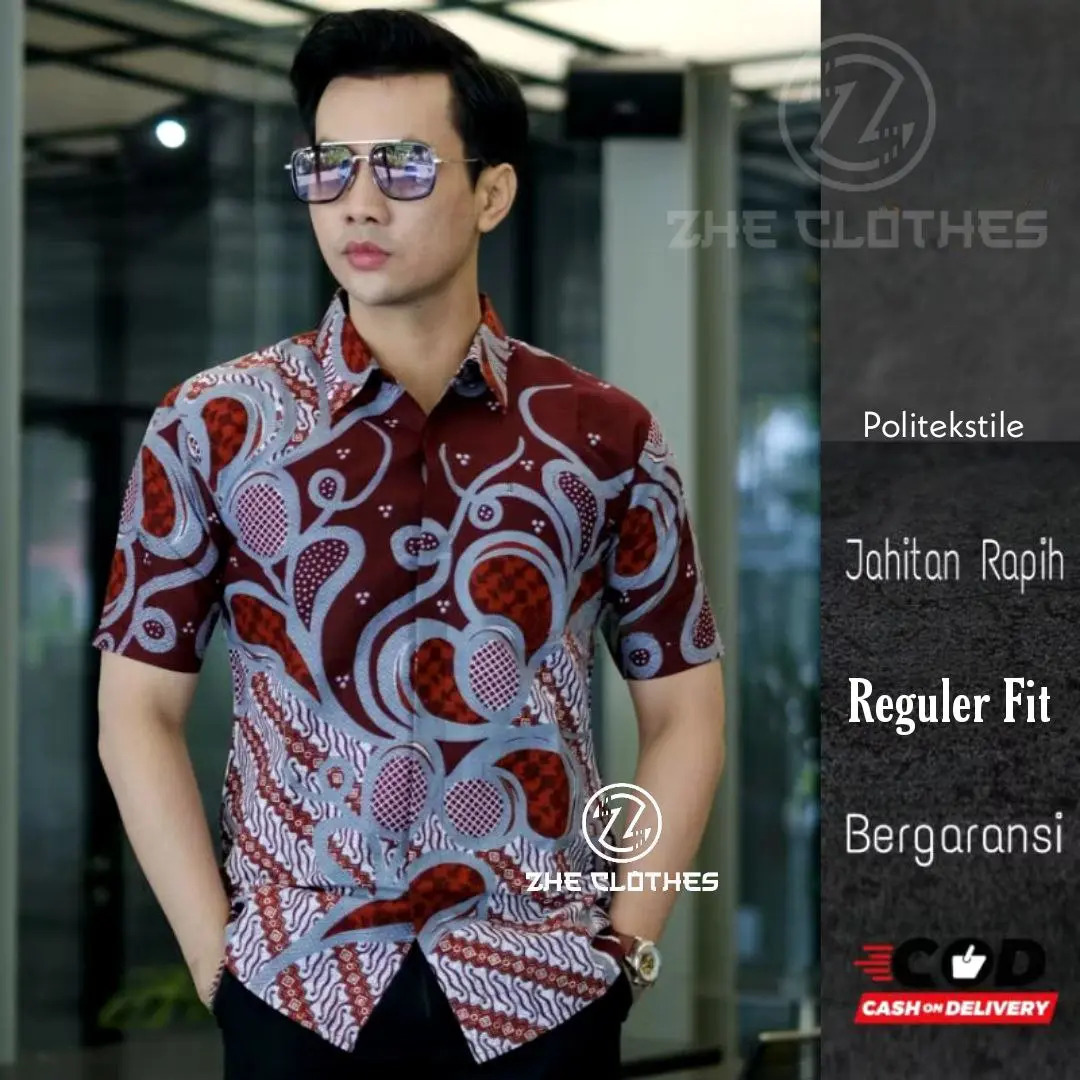 HEM BATIK PRIA LENGAN PENDEK MOTIF MULYO BURGUNDY SERIES TERLARIS ZHE BATIK
