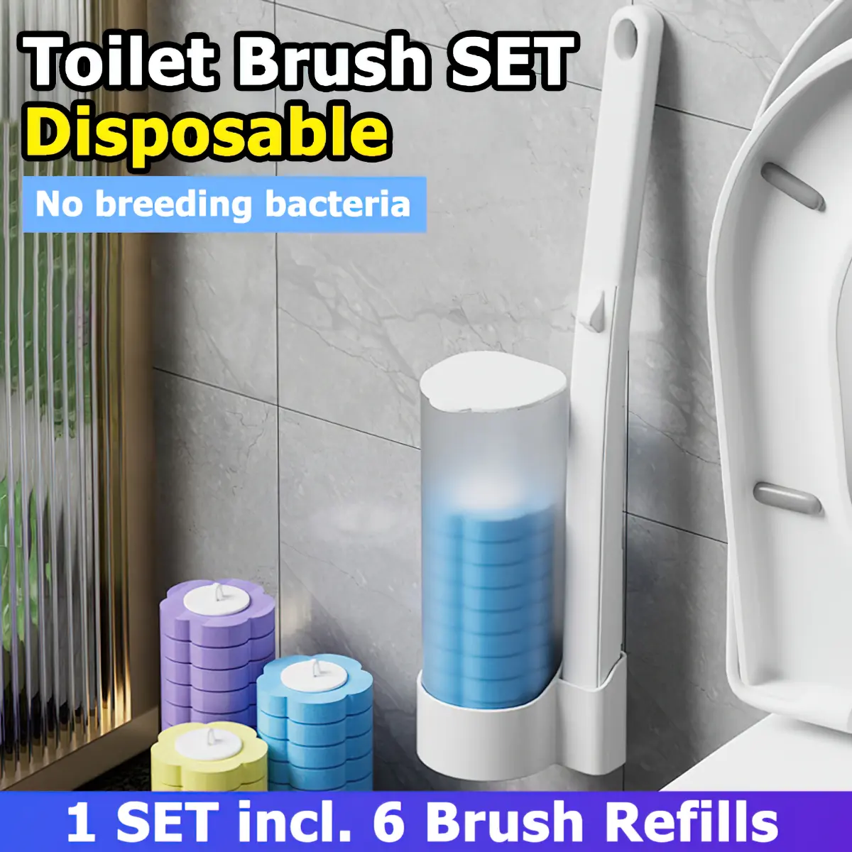Disposable Toilet Brush Holder Set Toilet Cleaning System Storage ToiletWand For Bathroom Toilet Bowl Cleaner with 6 Toilet Brush Refills