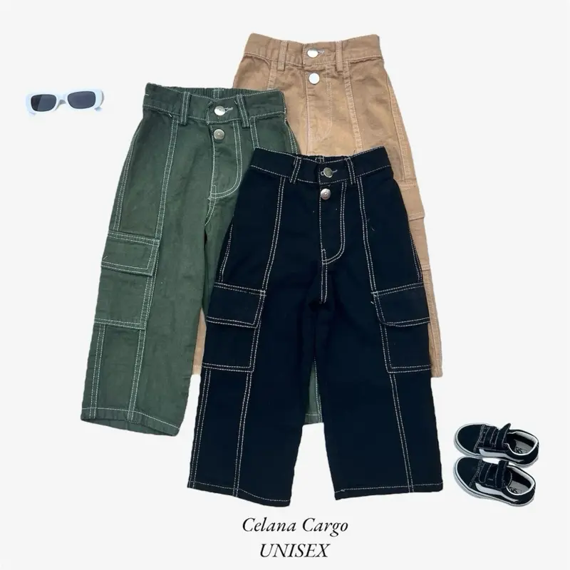 Ervis Celana cargo kancing unisex Jeans anak bahan denim 2-8 tahun simple pas bawahan Perempuan Kids