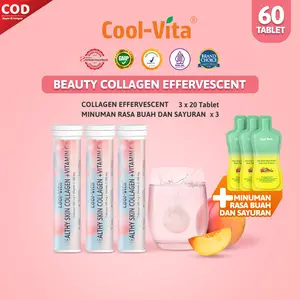 [FS - 60+3] 60 Tablet (3 Tube) Coolvita Collagen Effervescent (1 Tube @20 Tablet) + 3 Pouch Minuman Buah dan Sayuran | Mengandung 500mg Fish Collagen dan 100mg Vit C per Tube | Membantu Menjaga Kesehatan Kulit