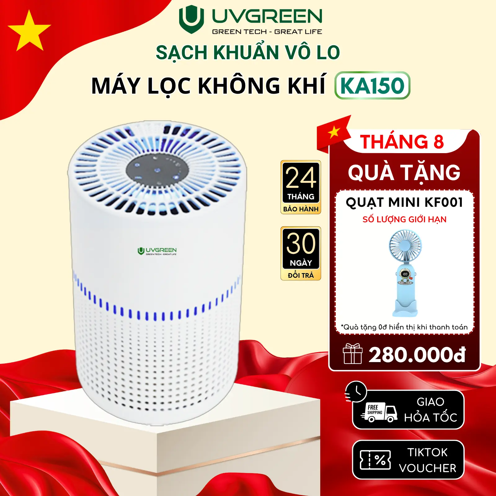 Máy Lọc Không Khí Diệt Khuẩn UVGREEN KA150 20m2 - UVC LED Hiện Đại, Làm Sạch Không Khí Phòng Ngủ Gia Đình, Bộ Lọc HEPA H13 Chống Vi Khuẩn - Phun Xông Khuếch Tán Tinh Dầu - Bảo Hành Chính Hãng 24 Tháng