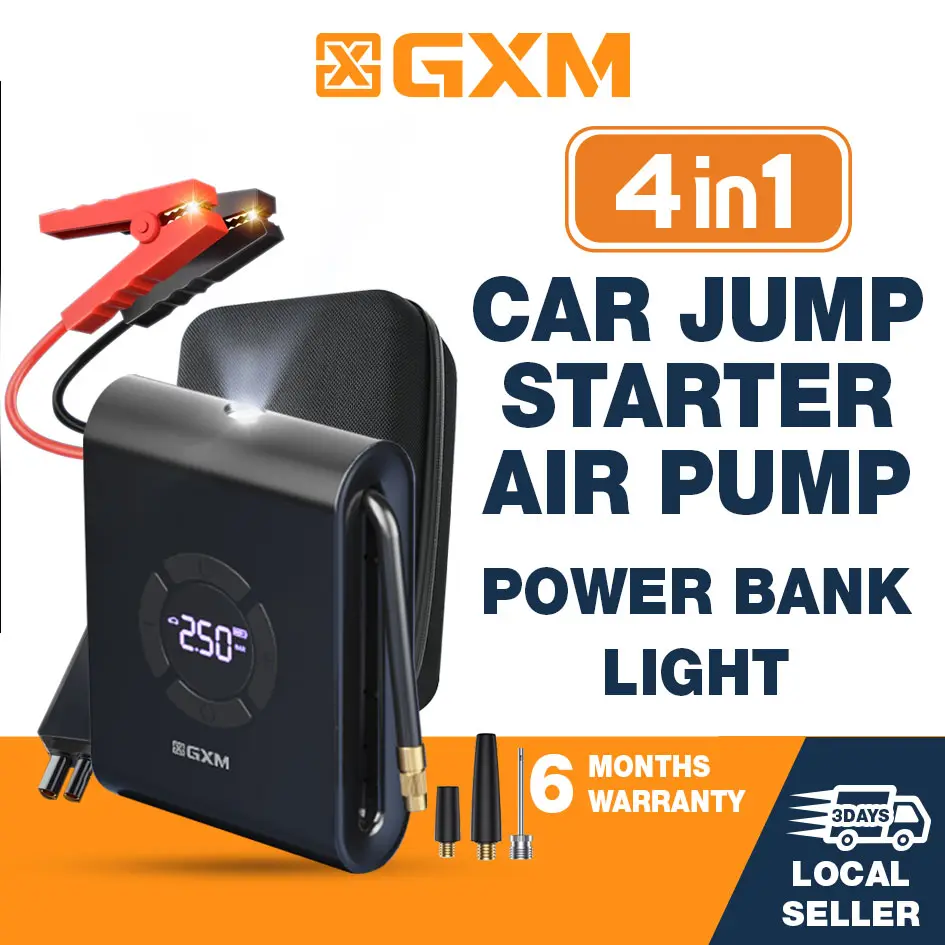 GXM Car Jump Starter 1200A Air Pump 12000mAh Power Bank Light Built-in Nozzle with Casing AKP-P200 Auto Stop Easy to Use AP-02