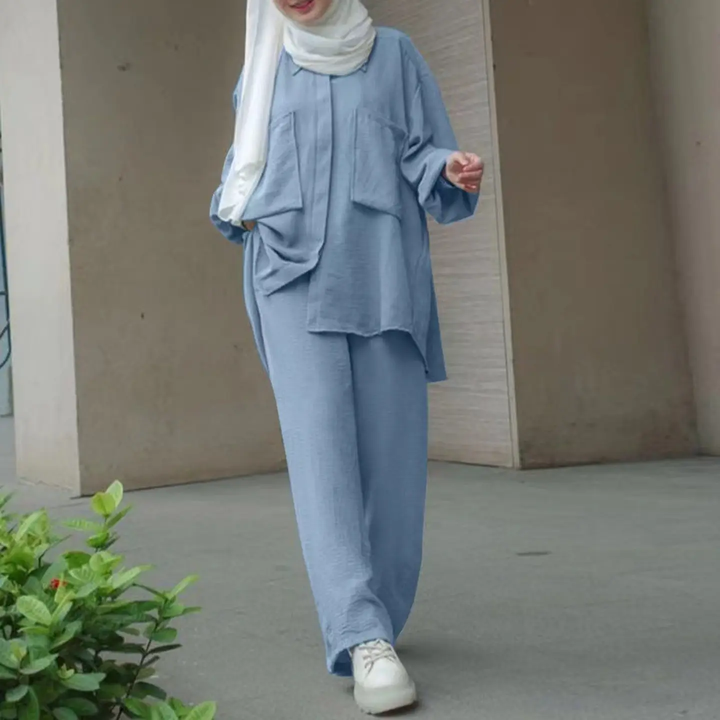 High quality cross solid color blue Black Kachislin long sleeve pocket hidden door tube dyed buckle elastic waist long pants shirt set long shirt + pants