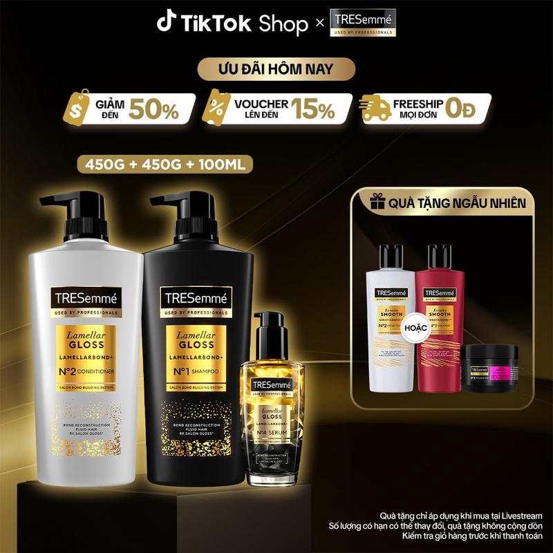 Combo Dầu Gội, Dầu Xả, Serum TRESemmé Lamellar Gloss LamellarBond+ Phủ Bóng 8X Chuẩn Salon 450g, 450g,100ml