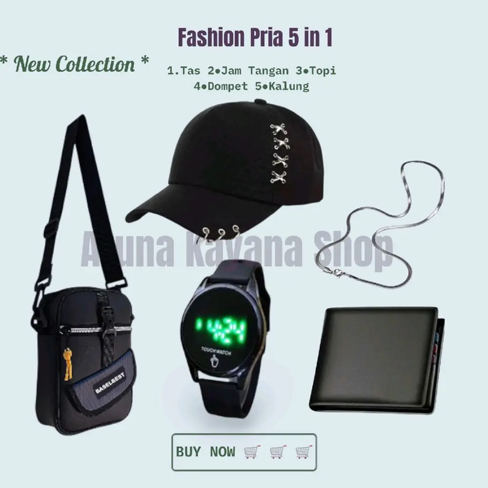 Koleksi Terbaru! Aksesori Pria 5 in 1 | Tas, Jam Digital LED, Topi Polos, Dompet, Kalung Gaya Korea