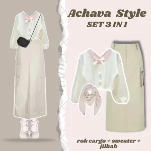 RB 37 One Set 3 in 1 Outfit Wanita Kekinian (Rok cargo + Sweater + Jilbab ) ootd korean style terbaru