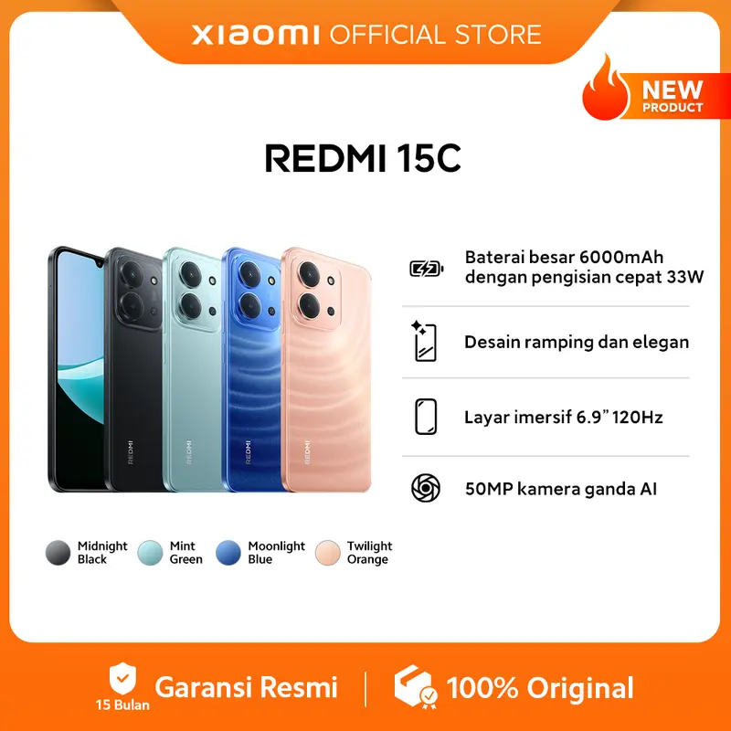 Xiaomi Redmi 15C (6GB/128GB) (8GB/256GB) | Baterai besar 6000mAh dengan pengisian cepat 33W | Desain ramping dan elegan | Layar Imersif 6.9" 120Hz | 50 MP kamera ganda AI [Offical Store]