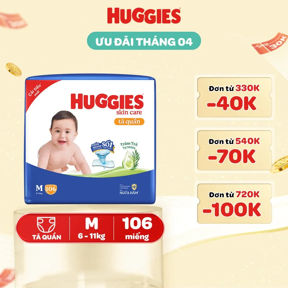 Tã/ bỉm quần Huggies Skincare Mega Jumbo với tràm trà dịu da Size M106/L96+8/XL84+4/XXL76+4