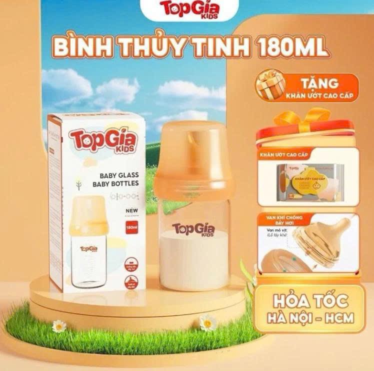 Bình Thủy Tinh Trữ Sữa Cho Bé Dung Tích 180ml Bình Sữa Thủy Tinh TOPGIA Cho bé từ 0 Tháng Tuổi Dung Tích 180ml, Núm Ti Mềm, Không Chứa BPA,An Toàn