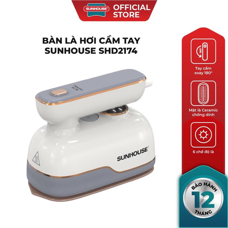 Bàn là hơi nước cầm tay Sunhouse SHD2174 - Tay cầm xoay 180 độ - Mặt là chống dính Ceramic - 6 chế độ là linh hoạt