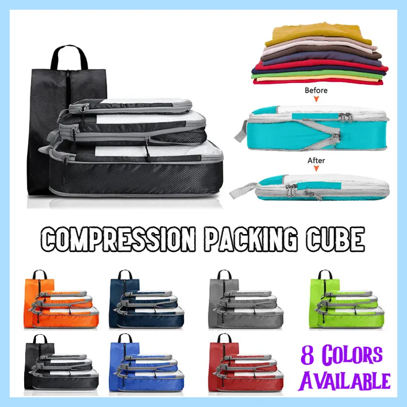 [SG] Compression Packing Cube 4pcs Set / Travel Luggage Organiser/ Large Compression Nylon Travel Bag / Shoe Bag