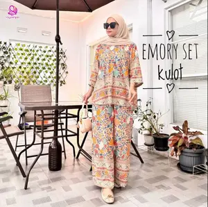 Emory Setelan Celana Kulot Panjang Lengan 7/8 Katun Motif Premium Baju Dewasa Wanita Adem Busui Friendly Yayuku