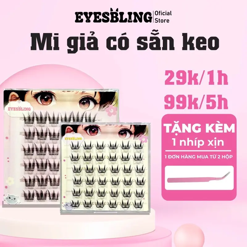 Mi Giả EyesBling Có Sẵn Keo 99k -5 Hộp, Sợi Mi Mỏng Tự Nhiên độ cong C hoàn hảo .tái sử dụng được nhiều lần , Dễ Dàng Sử Dụng mi tự dính dễ dàng sử dụng