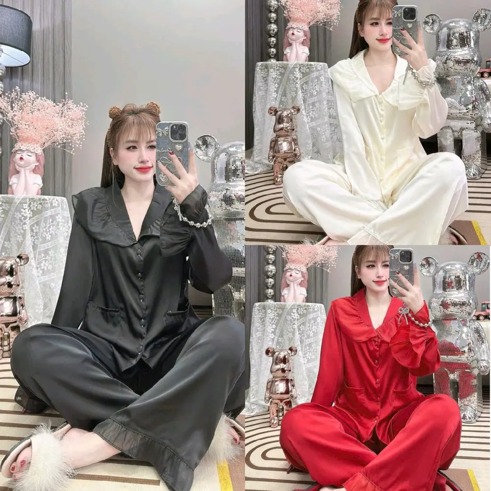 Bộ pizama nữ LỤA LA TIN TƠ TẰM cao cấp. From 40-60kg họa tiết cổ phối bèo 3 màu. Bộ dành cho nữ mặc nhà. Women