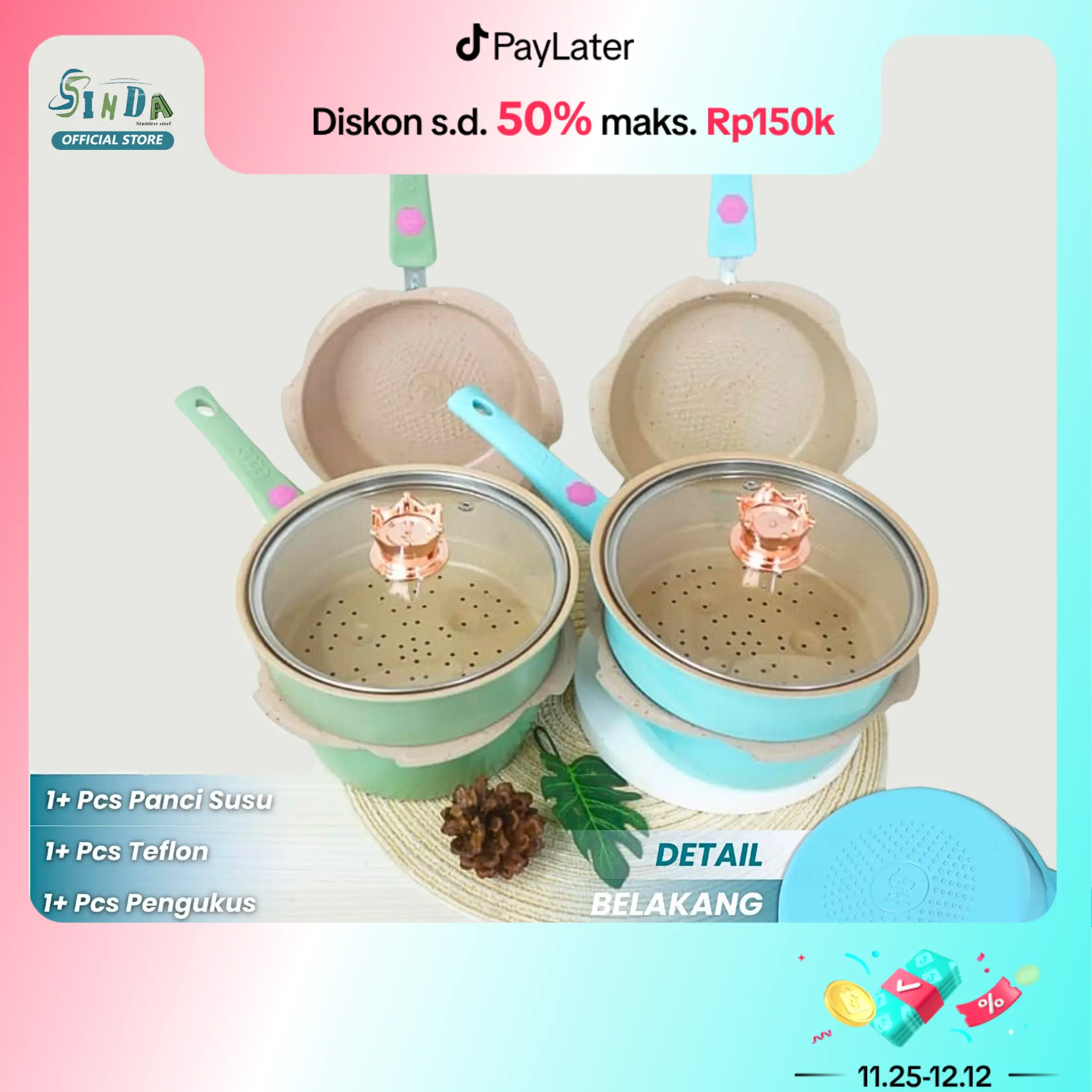 SINDA Panci Set 4 in 1 Sakura Flower – Set Dapur Serbaguna dengan Coating Granite Marbel & Tutup Kaca, Ideal untuk MPASI & Masakan Sehat