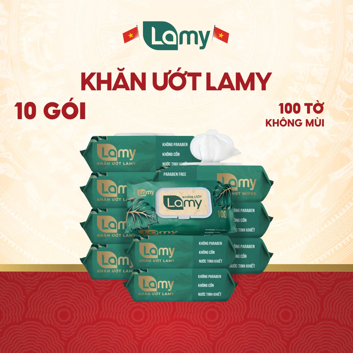 [LOẠI 100 TỜ] 10 GÓI KHĂN ƯỚT LAMY không cồn, không mùi, an toàn sử dụng cho bé