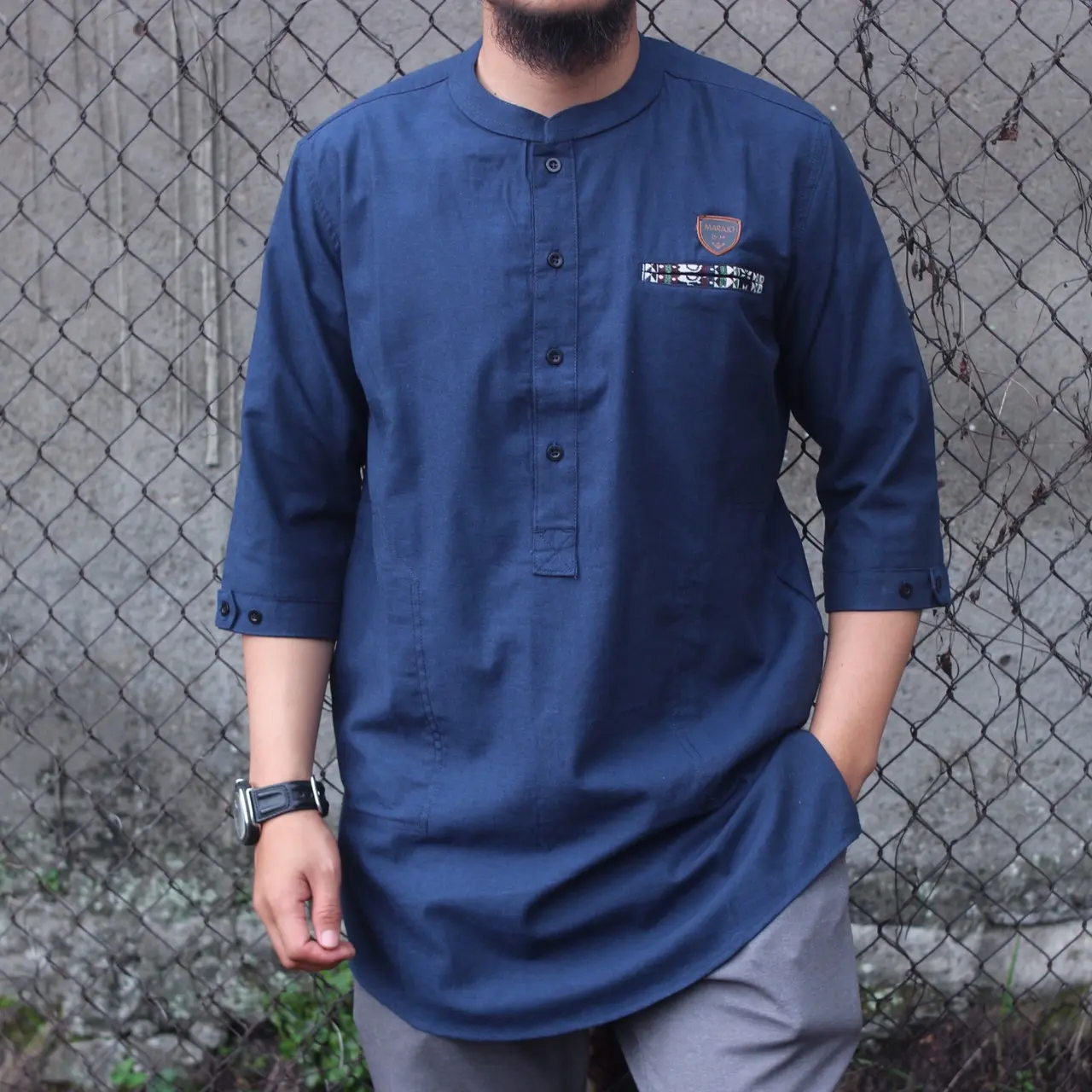 Koko syubbanul Muslimin koko kurta pakistan original premium MARAJO / MAKHIBAYYA bahan katun Katun Baju Dewasa Muslim  Pria Navy Panjang