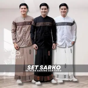 Paket Sarko Set sarung dan Baju koko muslim pria Lengan Panjang bahan katun motif kobata