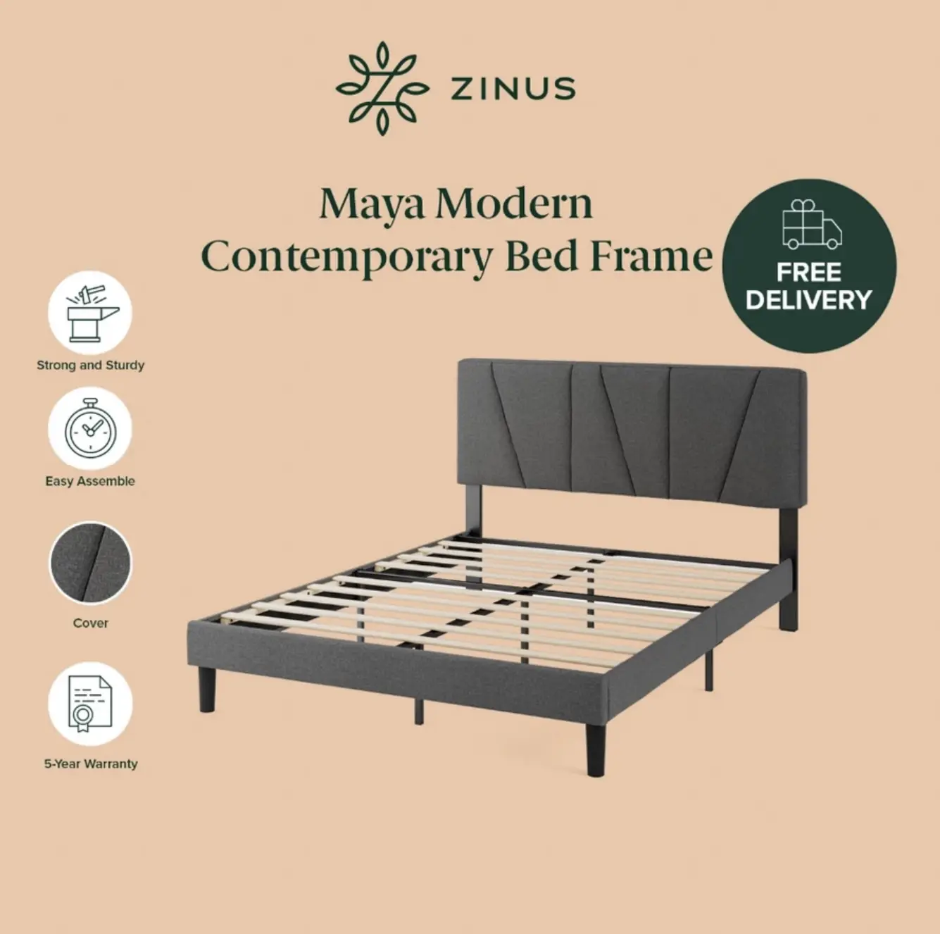 Zinus Bed Frame Maya Upholstered Platform Dark Grey