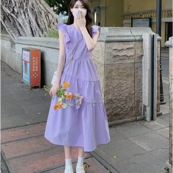 Purple Sundress: Soft Feminine Outfit with Design Sense Little Fly Sleeves. Fitted Fairy Holiday Dress with Irregular Hem, a Casual Aesthetic Princess Dress