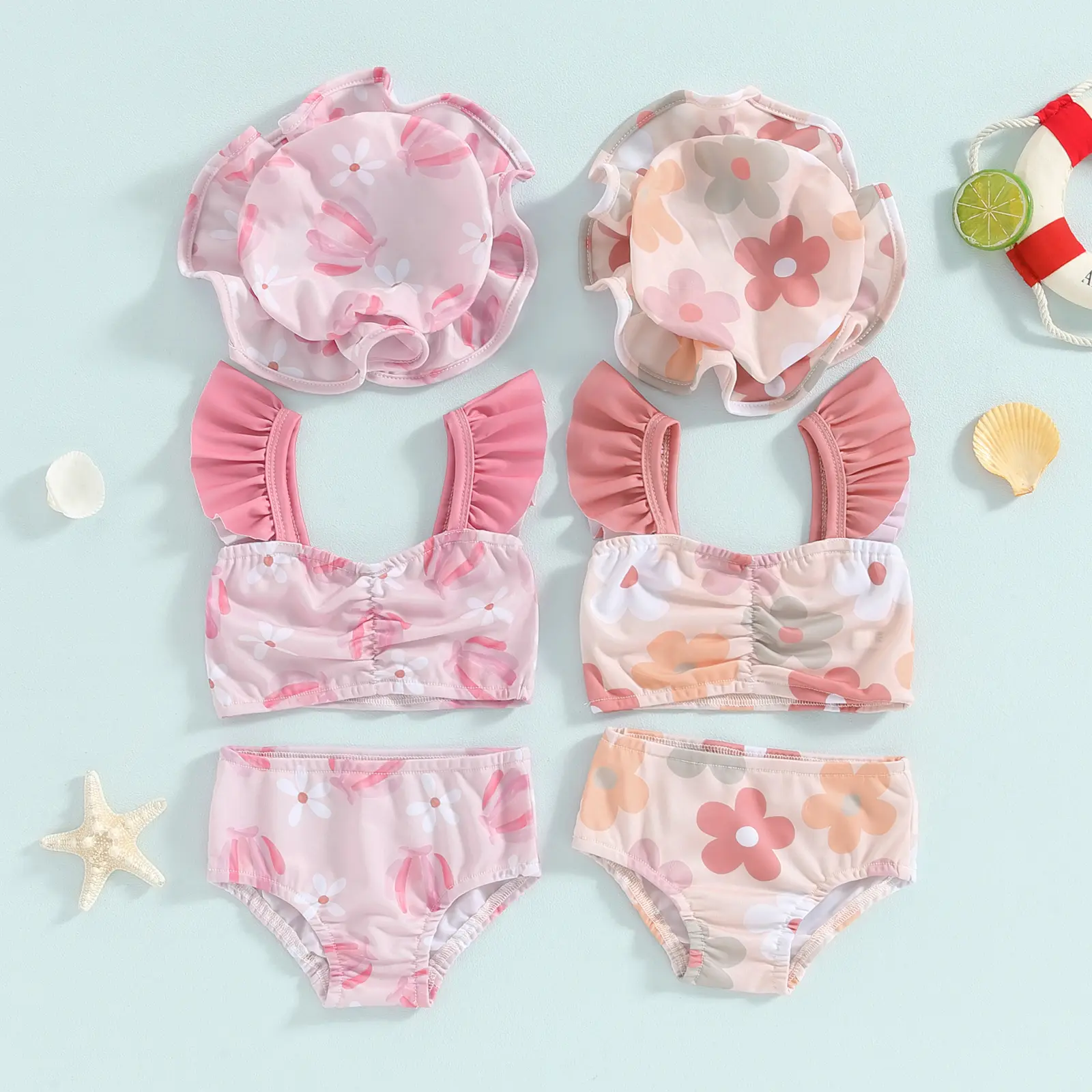Toddler Baby Girls Summer Swimsuit 0 6 12 18 24 Months 2T 3T Swimwear Floral Print Fly Sleeve Tankini Tops Swim Shorts Swim Cap 3 Pieces Bathing Suit Beach Bikini