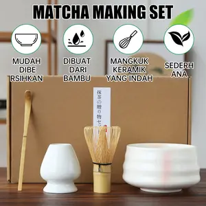 Set Matcha Tradisional Jepang 4 Bagian: Kuas Bambu, Mangkuk Keramik, Pengocok Tangan, Peralatan Minum Teh Portabel, Hadiah Ideal