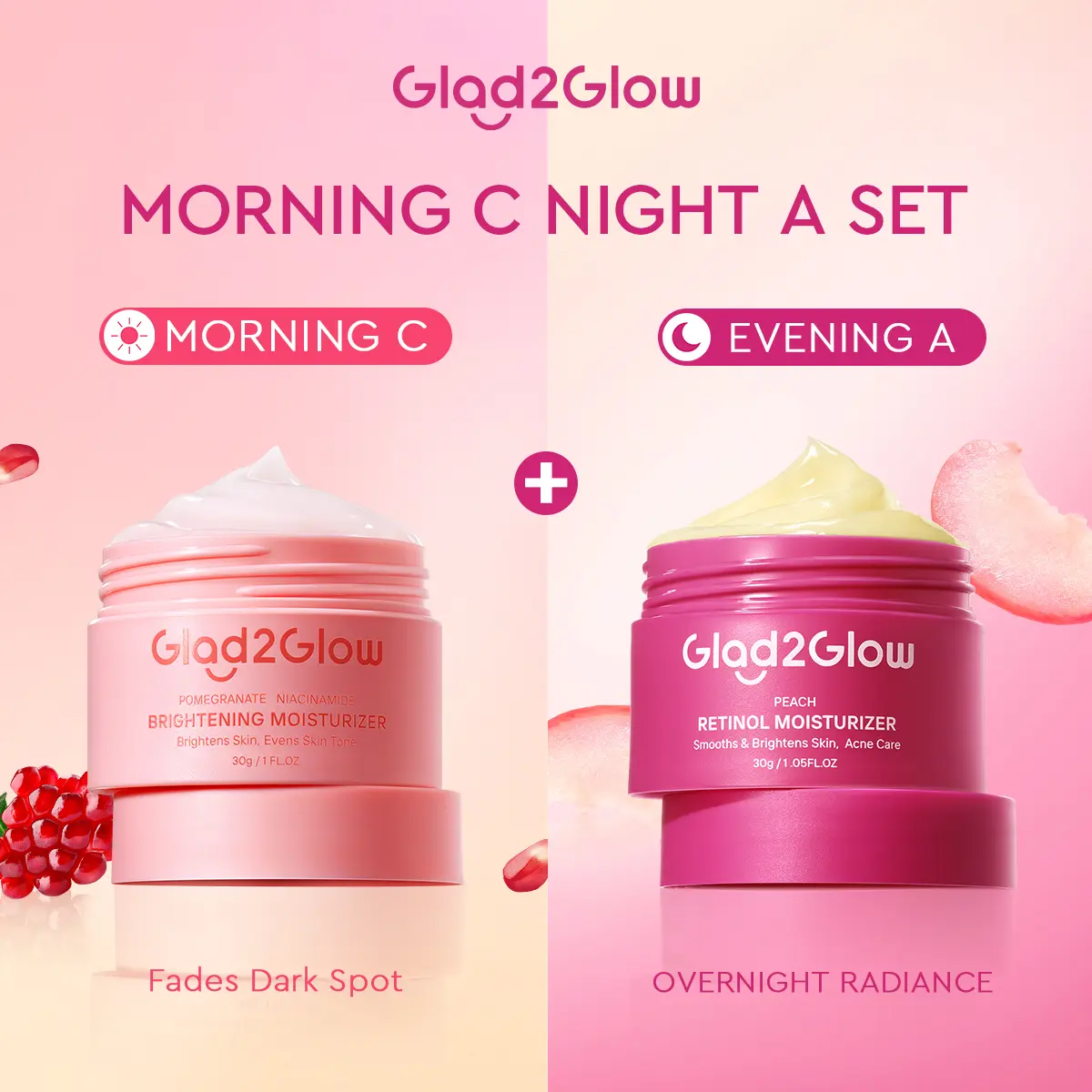 GIad2GIow Morning C Night A SET| Pomegranate Niacinamide Day Cream + Peach Retinol Night Cream| Brightening & Anti-Aging