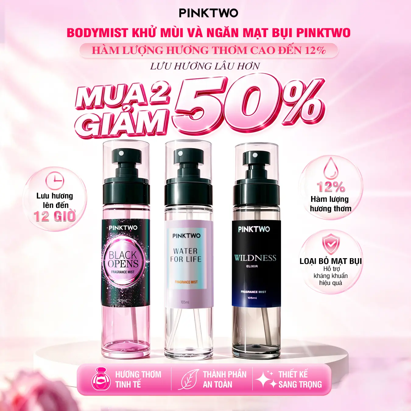 [MUA 2 GIẢM 50%] Xịt Thơm Body Mist Hương Nước Hoa Pinktwo 105ml – Lưu Hương Lâu, An Toàn Cho Da – Xịt Thơm Cơ Thể & Quần Áo – Không Cồn, Không Khô Da – 3 Mùi Hương Black Opens / Wildness / Water For Life - Công thức 12% Tinh Dầu, Diệt Mạt Bụi 99%