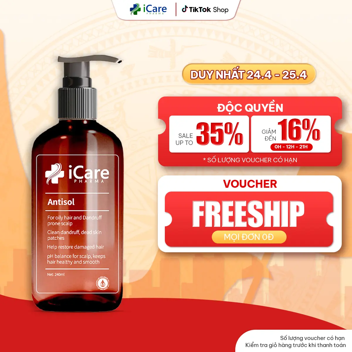 Dầu Gội Hỗ Trợ Gàu Nấm Ngứa Da Đầu Antisol iCare Pharma 240ml