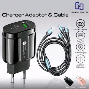 Fullset 2 Port Adaptor Charger with 3in1 Cable Type C Micro USB Lightning Adaptor Pengisi Daya dengan Kabel 3in1 Casan Panjang Adapter