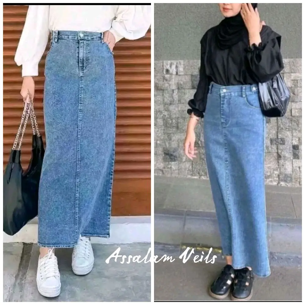 Rok Jeans Theana Highwaist Polos Dewasa Belah Belakang Kancing Karet - Wanita, Panjang