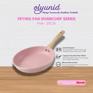 【Pink| 20 CM】【exclusive moozone】Stoval Frying Pan Homechef Series Pink 20CM – Wajan Granite Premium Anti Lengket Gagang Kayu Tidak Panas