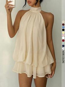 Mono de una pieza sin espalda con escote halter para mujer, diseño elegante con volantes, perfecto para ropa casual, moda para todas las estaciones