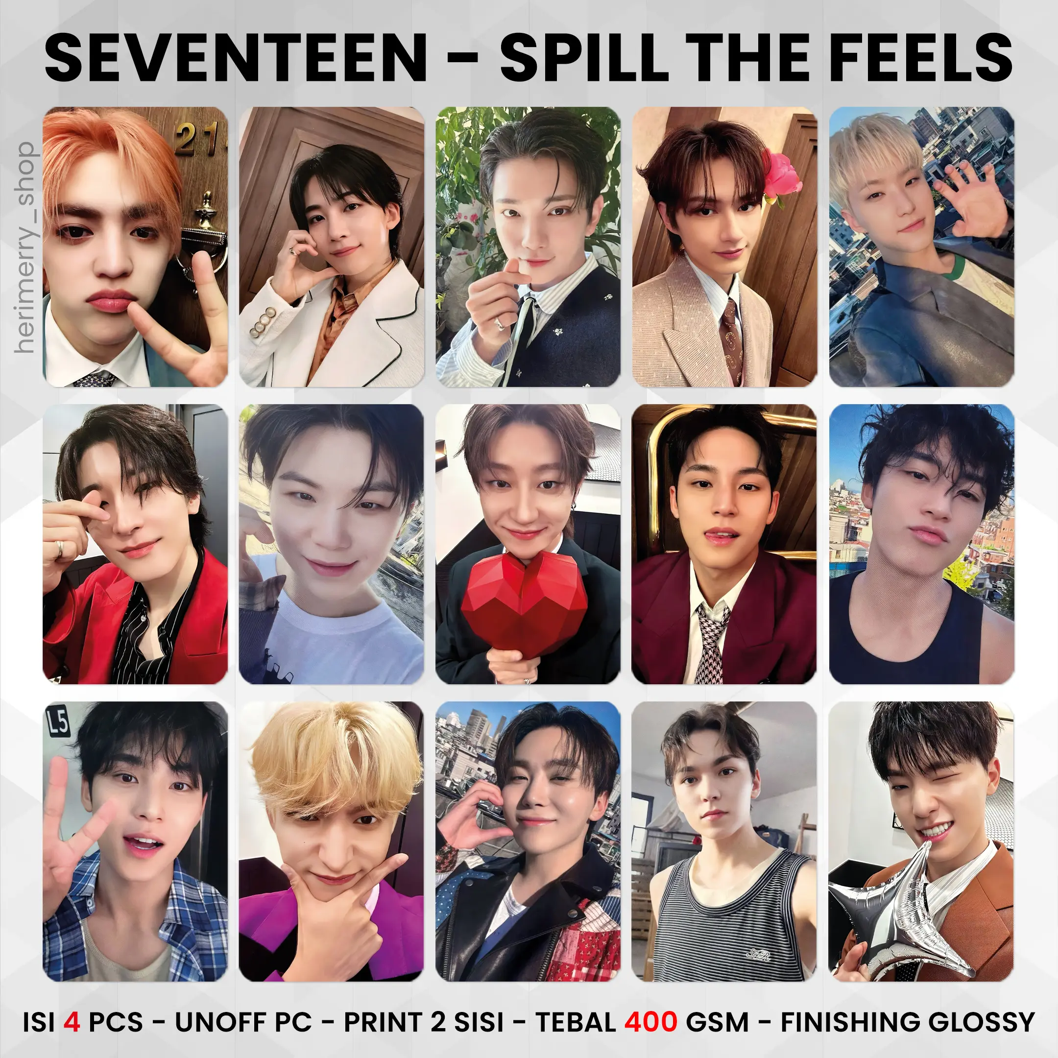 (ISI 4 PCS) Photocard SEVENTEEN SPILL THE FEELS - PC Premium 2 Sisi Kartu Kpop Merch Unofficial SVT Love Money Fame Eyes On You