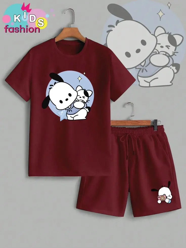 Setelan Anak Laki-laki / Perempuan dan Celana Pendek Ukuran 3-10thn Motif Pochacco Gendong Baju Fashion
