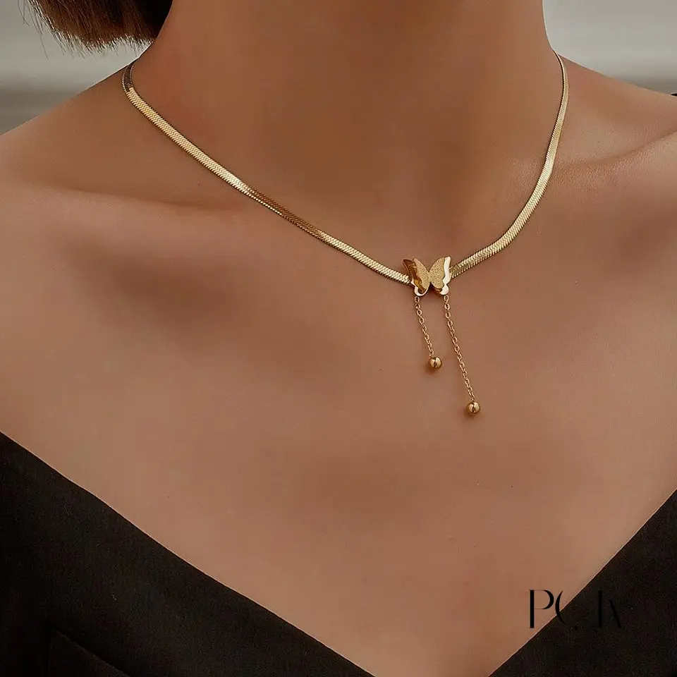 Frosted Butterfly Pendant Necklace, light luxury young students, , snake bone chain, tassel necklace for women