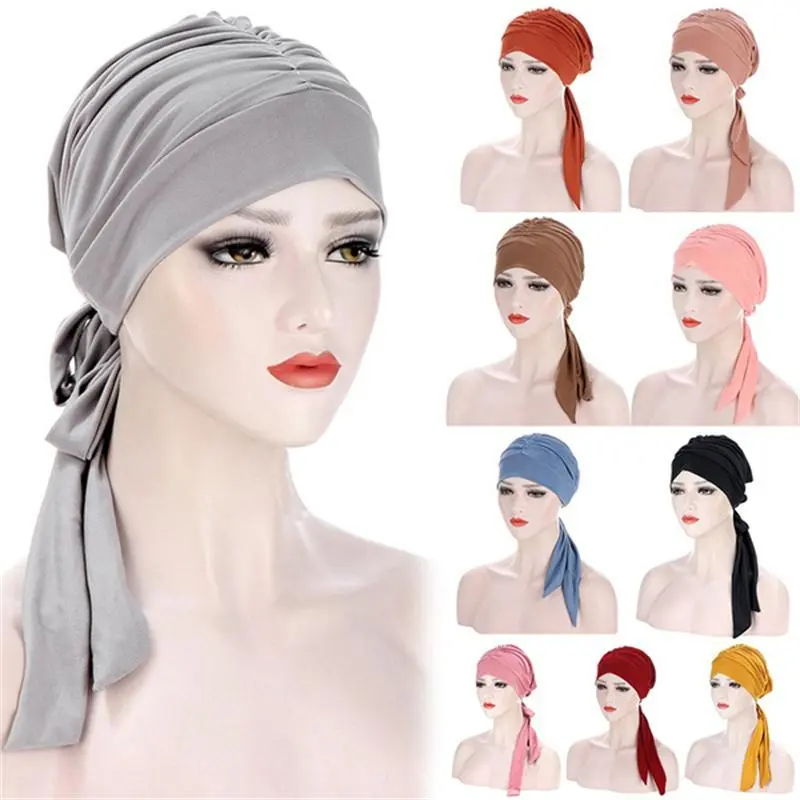 Women Turban Hijab Cancer Head Scarf Chemo Hair Loss Hat Pre-Tied Headwear Worth To Buy New Solid Crystal Linen Long Tail Bow Headband Hat