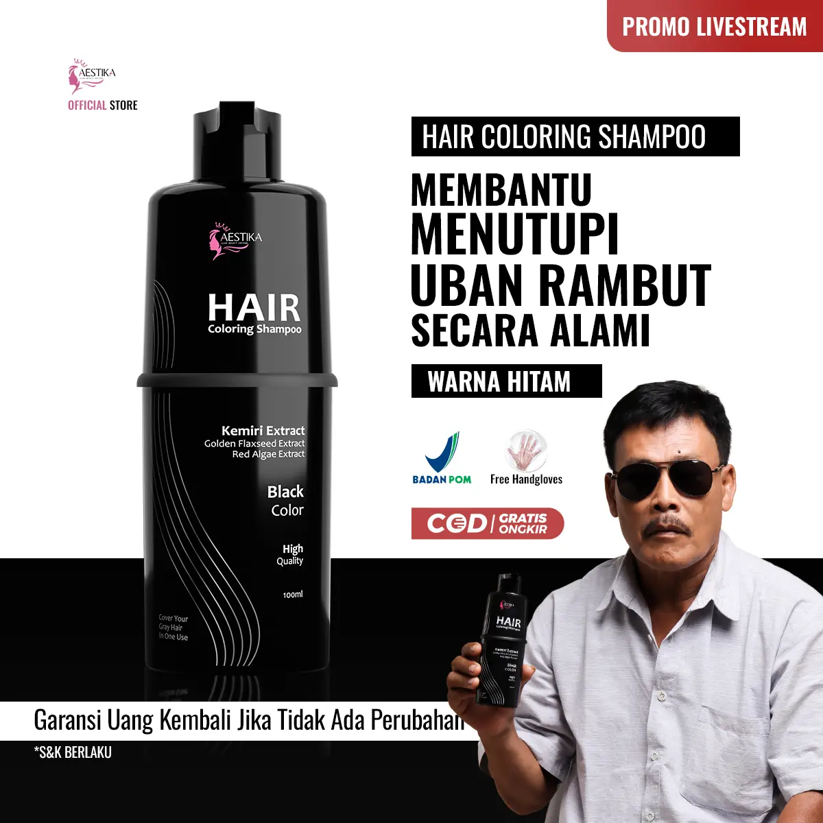 [Promo Live] Aestika Black Shampo penghitam rambut beruban 1 Pcs- Black hair coloring shampoo, Menghitamkan rambut, Menghitamkan uban, Warna Tahan Lama Extract