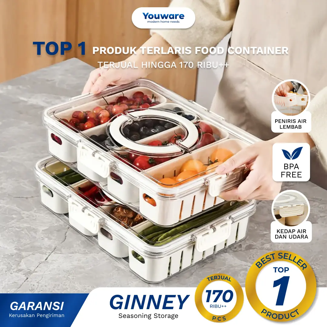 Youware - Ginney Food Container / Kotak Plastik penyimpanan makanan ringan Tempat makan bumbu dapur Wadah penyimpanan makanan di kulkas dengan tutup karet seal kedap udara Food  kotak penyimpanan di kulkas  1 set 5 1 fridge storage organizer