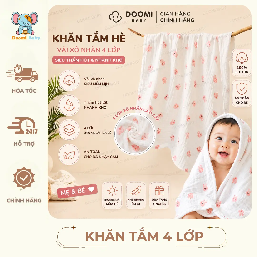 [Giá Sỉ] Khăn Tắm Cho Bé Xô 4 Lớp 70*90 Mềm Mịn Thấm Hút Tốt Doomi Baby - HT618 - HT877